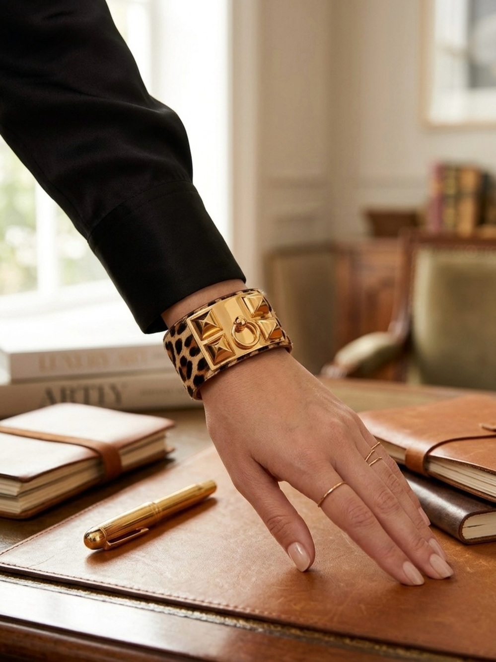 Leopard Calf Hair Wide Cuff Bracelet Gold Pyramid Studs CDC-Style 8”
